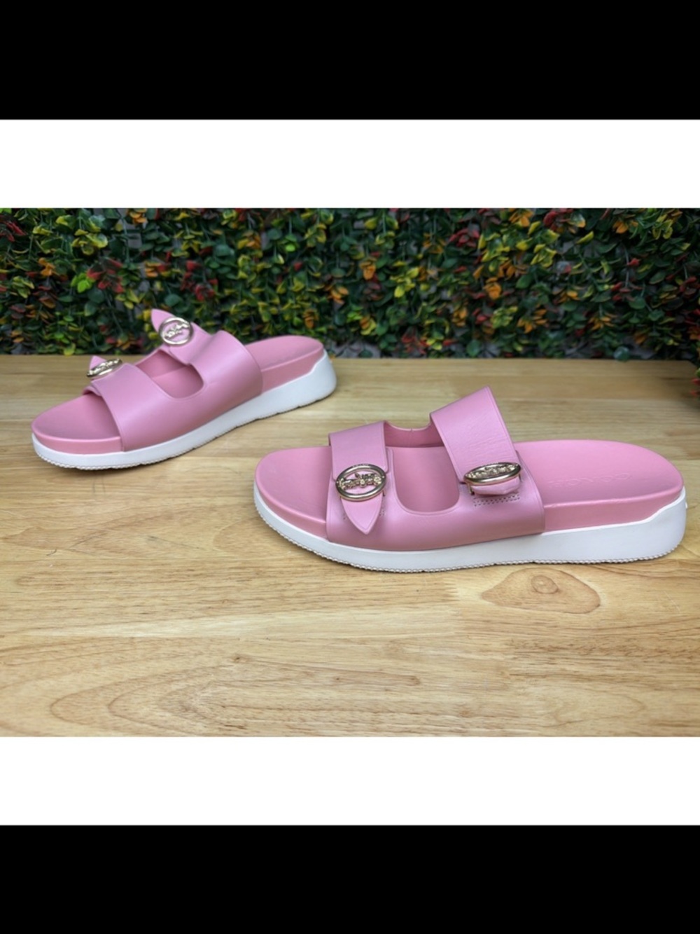 Coach Pink Double-Strap Slide Sandals with Gold Hardware - Picture 3 of 11